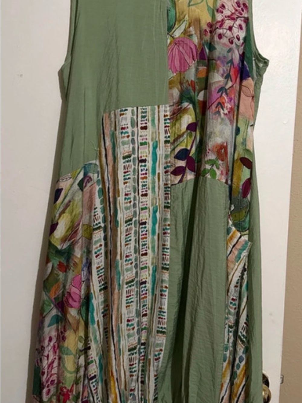 Sleeveless Sage Green Patchwork Bubble Dress with Floral Panels